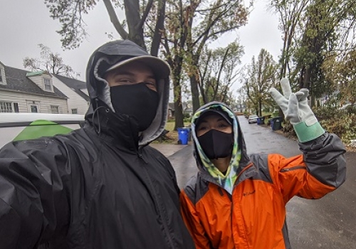 Selfie of Michael Burke in black coat and mask