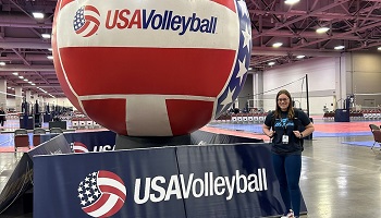 Picture of Greta Rux by a giant volleyball