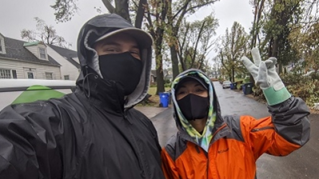 Selfie of Michael Burke in black coat and mask