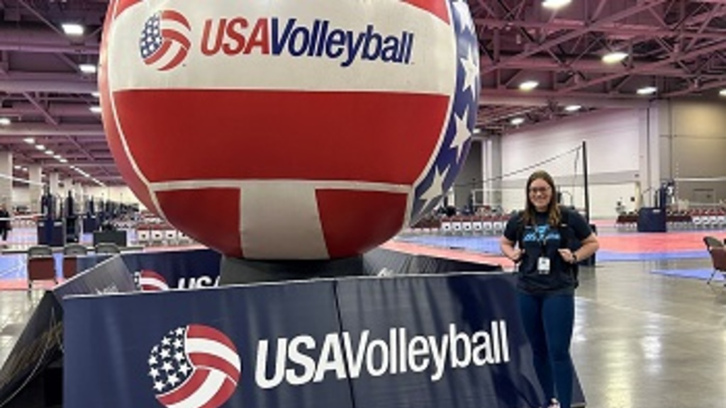 Picture of Greta Rux by a giant volleyball